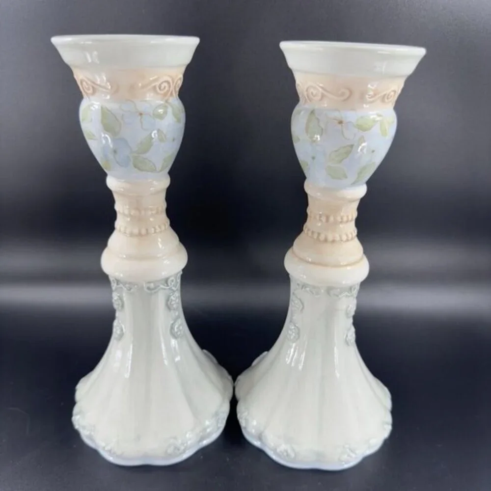Tracy Porter Hand Painted Pillar Candle‎ Stick Holder Set Ceramic Caldecott